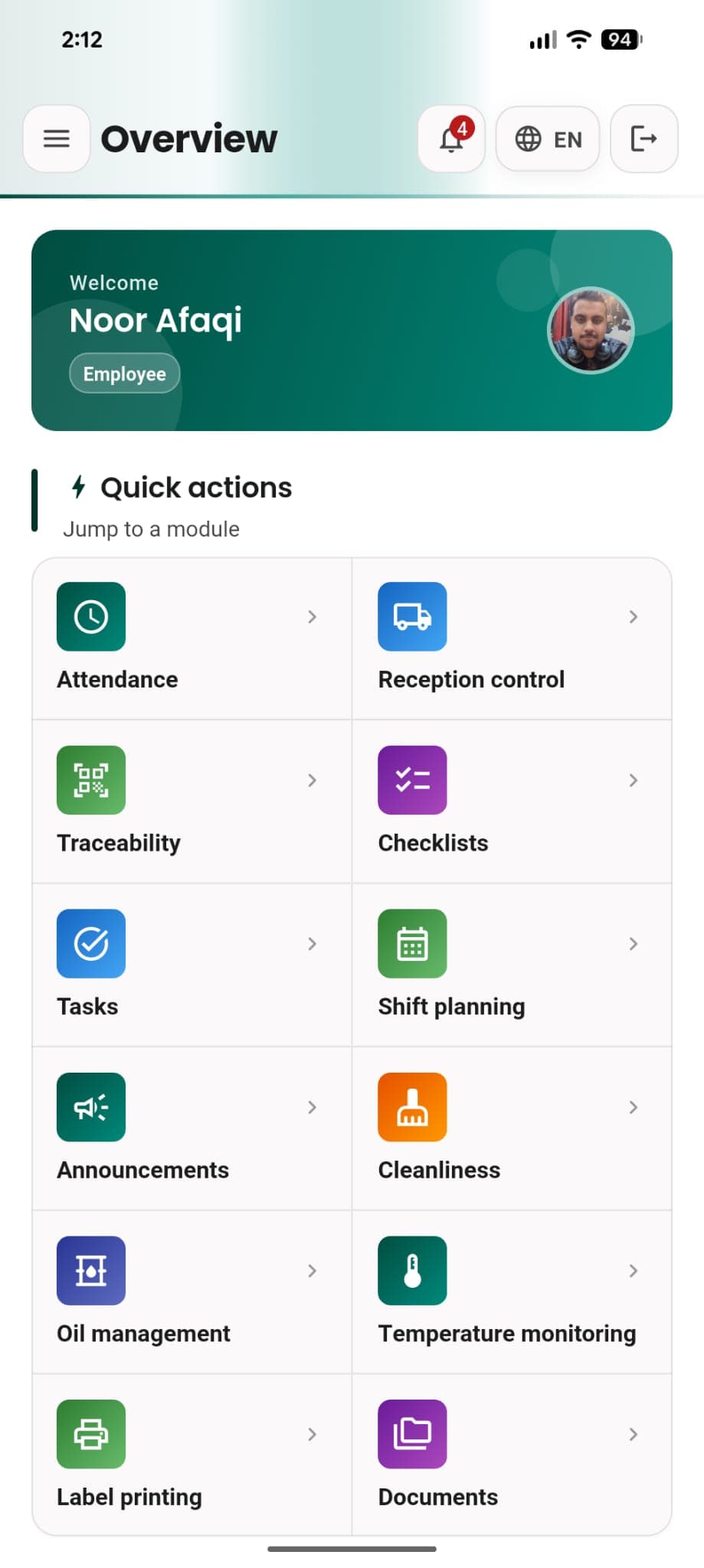 HygiControle app dashboard showing quick actions for attendance, reception, traceability, and more