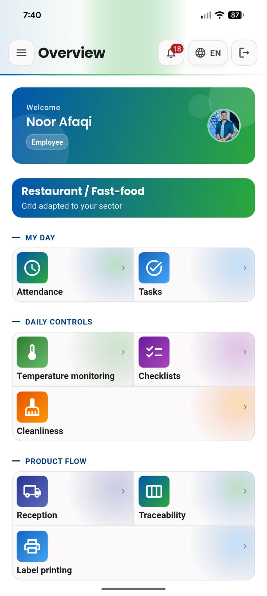 Panel de la app HygiControl mostrando acciones rápidas de fichaje, recepción, trazabilidad y más